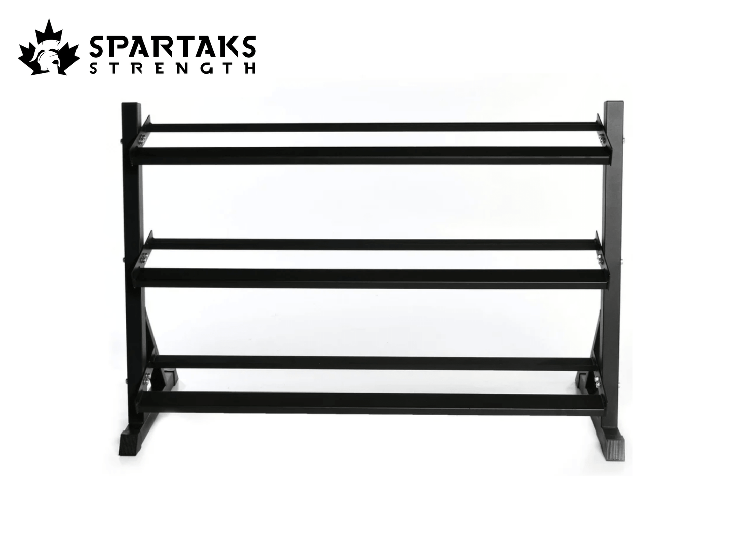 Spartaks Strength 3-Tier Dumbbell Rack for organized storage of fixed-weight dumbbells in home and commercial gyms.