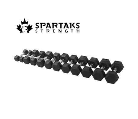 Spartaks Strength 210LB Dumbbell Set with Vertical Rack showcasing hex dumbbells for strength training equipment.