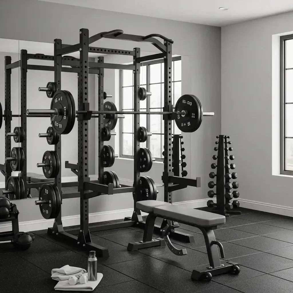 KB2401 Squat Rack: Compact & Robust Home Gym Solution in a stylish indoor gym setting.