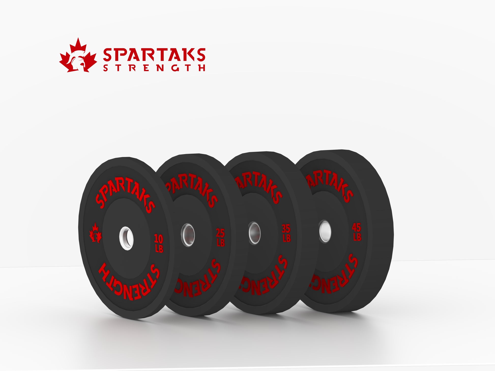 Four black weight plates from 10 to 45lb with red 'Spartaks Strength' branding on a white background.