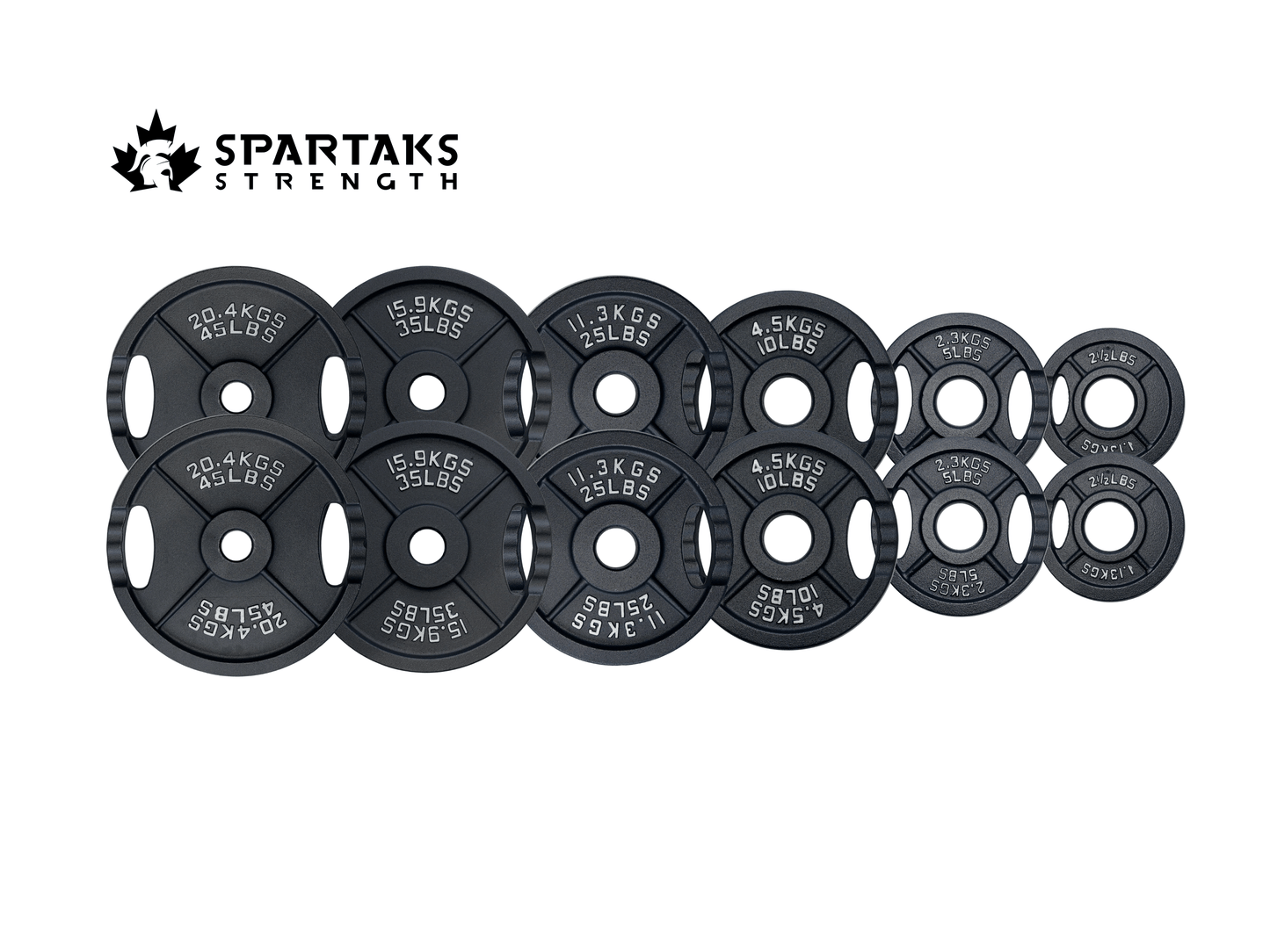 Spartaks Strength Cast Iron Olympic Weight Plates (10–45LB 230LB Set) arranged for strength training.