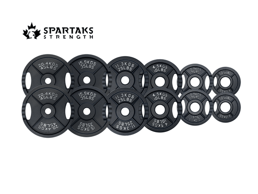 Spartaks Strength Cast Iron Olympic Weight Plates (10–45LB 230LB Set) arranged for strength training.