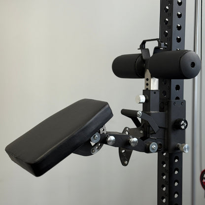 Black weightlifting bench attachment on a gray wall