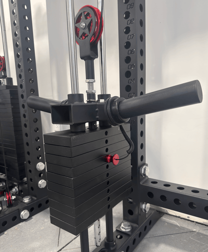 Spartaks Strength KB2402 Functional Squat Rack (3”×3”, 9-Gauge Steel) dual-pulley system with weight stack