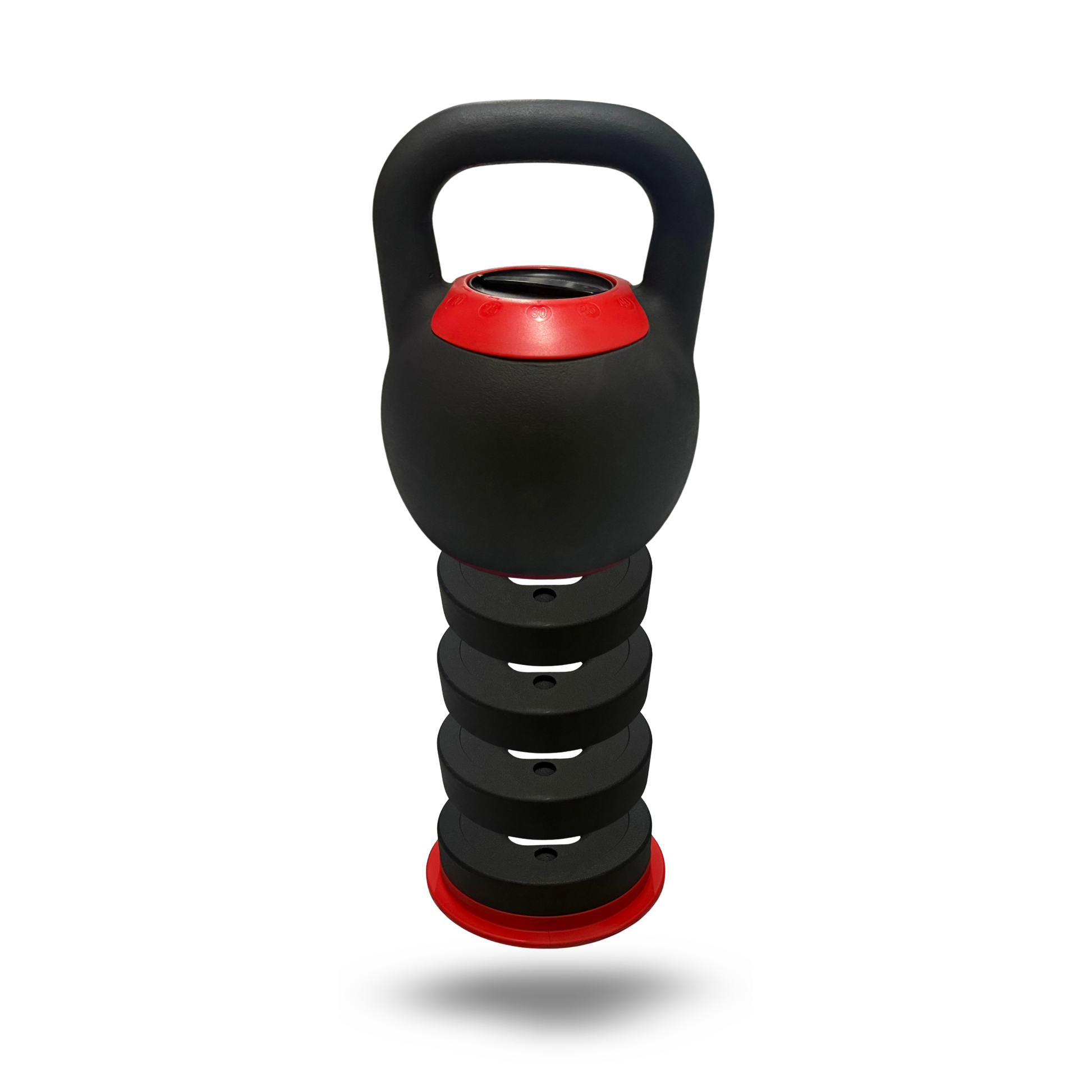 anatomy of spartaks black and red adjustable kettlebell on a white background