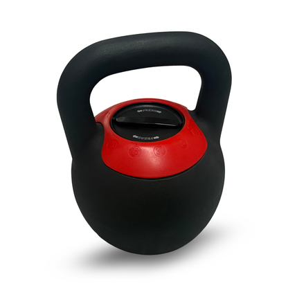side view of spartaks black and red adjustable kettlebell on a white background