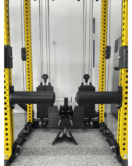 Bulgarian Knee Locker (pair) mounted on a strength training rack, ideal for home gym setup in Canada.