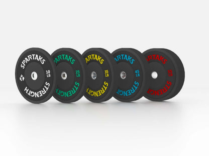 Spartaks Strength High Performance Bumper Plates (10LB to 55LB) showcasing different weight options in high-quality rubber.