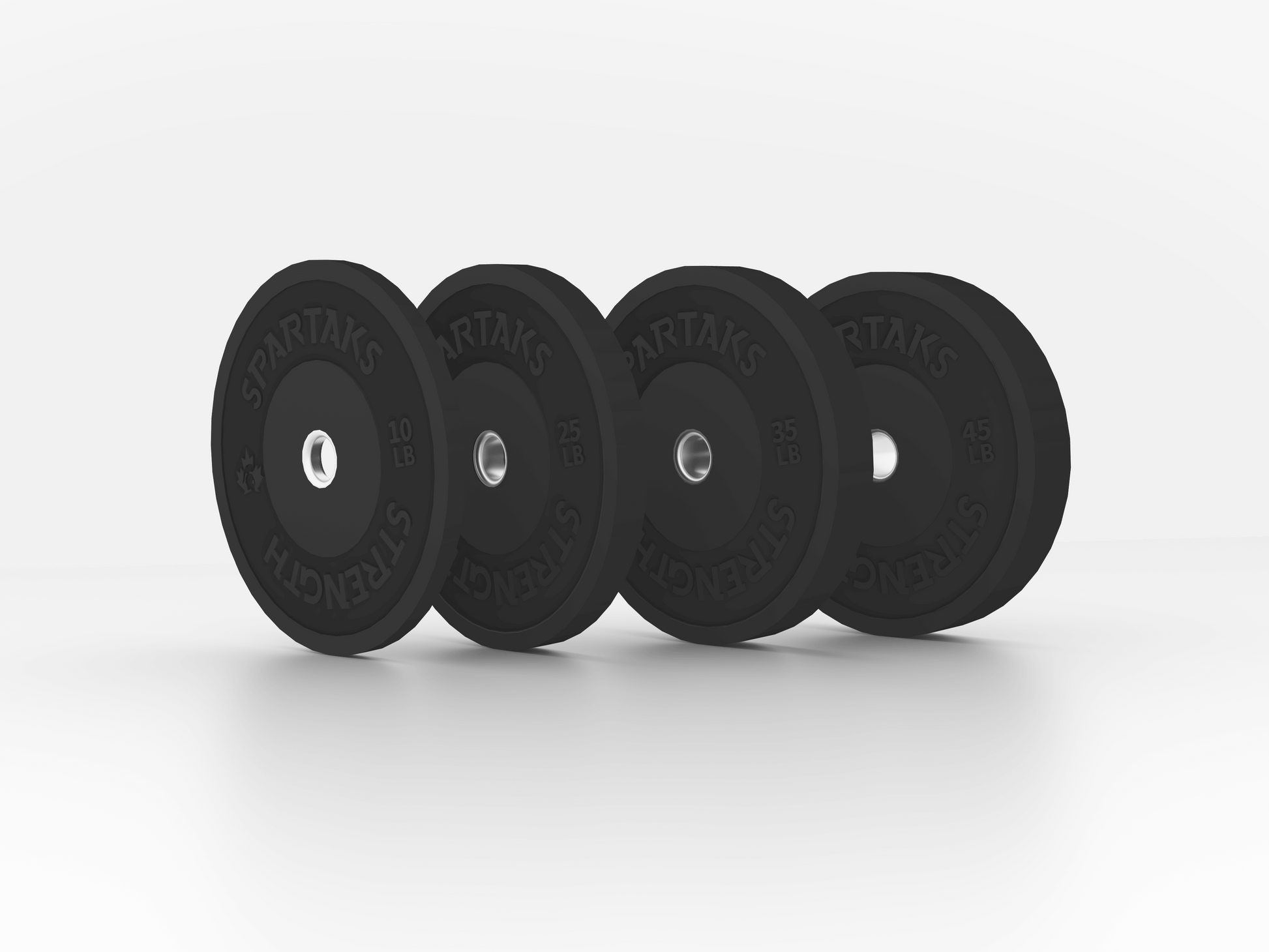 Spartaks Strength High Performance Bumper Plates (10LB to 55LB) displayed on a clean white background.