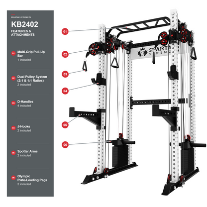 Spartaks Strength KB2402 power rack with labeled dual pulley systems, multi-grip pull-up bar, D-handles, J-hooks, spotter arms, and Olympic plate-loading pegs.