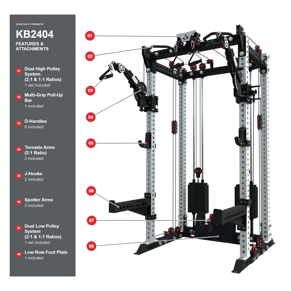 Spartaks Strength KB2404 power rack with labeled dual high and low pulley systems, tornado arms, multi-grip pull-up bar, D-handles, J-hooks, spotter arms, and low row foot plate.