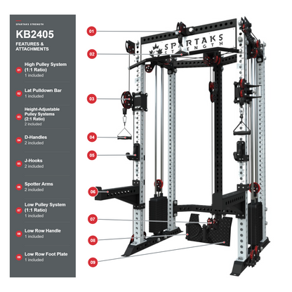 Spartaks Strength KB2405 5-post functional trainer with labeled adjustable, high and low pulleys, lat pulldown bar, D-handles, J-hooks, spotter arms, low row handle and foot plate.