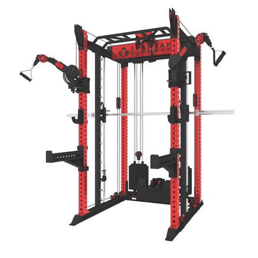 Spartaks Strength KB2406 6-Post Full Rack Functional Trainer (3”×3”, 9-Gauge Steel) showing full gym equipment setup.