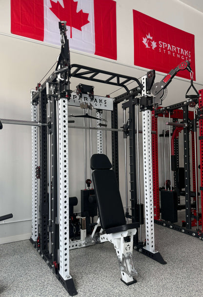 Spartaks Strength KB2406 6-Post Full Rack Functional Trainer (3”×3”, 9-Gauge Steel) in a gym setting.