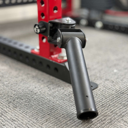 Spartaks Strength Landmine Attachment durability close-up on gym rack, designed for effective rotational barbell training.