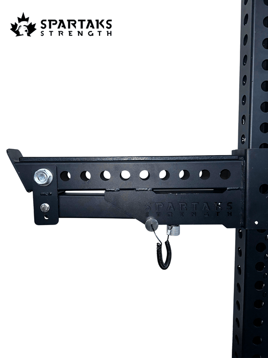 Spartaks Strength Spotter Arms with Stand Rack Attachment (Pair) close-up view showing safety features and robust design.